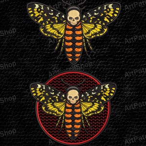 May include: Two embroidered patches featuring a hawk moth design with a skull on its head. The moth has yellow and black wings and an orange and black body. The top patch is standalone, while the bottom one is inside a red circle. The text "Hawkmoth Embroidery Designs" is at the top.