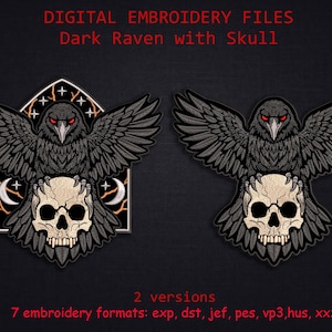 Diseño de bordado de calavera de cuervo, 2 versiones, archivo de parche gótico grande para espalda, patrón de máquina de alas de pájaro oscuro para descargar