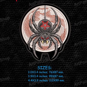 May include: Embroidered patch featuring a detailed spider with a red star on its back, set against a moon backdrop. The patch is labeled "Spider On The Moon" and includes size options: 3.0x3.4 inches, 3.9x3.4 inches, and 4.4x3.9 inches.