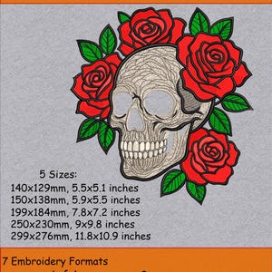 May include: Large embroidery design featuring a skull surrounded by red roses and green leaves. The design is available in five sizes, ranging from 5.5x5.1 inches to 11.8x10.9 inches. Seven embroidery formats are supported.