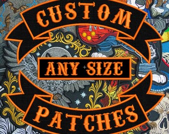 May include: A collection of embroidered patches with various designs, including a lion, a skull, and a woman with blue hair. The patches are overlaid with a black banner that reads "CUSTOM ANY + SIZE PATCHES" in orange lettering.