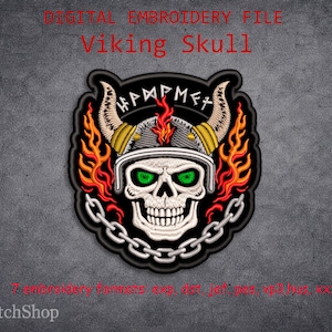 May include: Black patch featuring a Viking skull wearing a helmet with horns, green eyes, and flames. The patch includes the text "Viking Skull" and "DIGITAL EMBROIDERY FILE". A chain surrounds the skull.