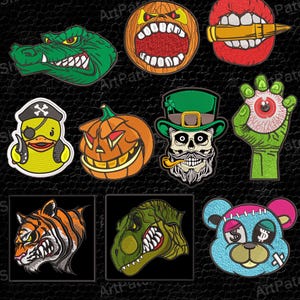 以下が含まれることがあります： 刺繍ミシンのための10のデザインセット。ハロウィンや漫画をテーマにしたパッチが特徴です。デザインには、ワニ、カボチャ、弾丸の入った唇、海賊アヒル、レプラコーンの頭蓋骨、目玉、トラ、恐竜、テディベアが含まれます。上部のテキストは「Set of the 10 designs for embroidery machines」と書かれています。