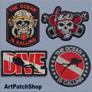 Scuba Diver Patch Set – 4 Embroidered Iron-On Badges – The Ocean Is Calling, Dive Flag & Skull Diver Designs - Pocket Size