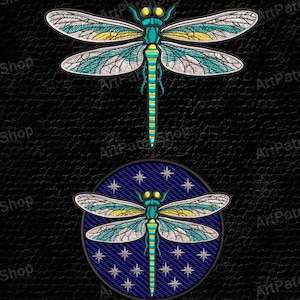 May include: Two dragonfly embroidery designs. The top design is a dragonfly with teal, yellow, and white wings and body on a black background. The bottom design is a dragonfly inside a blue circle with stars. Text reads "Dragonfly Embroidery Designs" and "7 embroidery formats: exp, dst, jef, pes, vp3, hus, xxx".