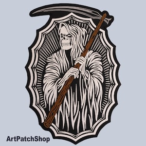 Death Grim Reaper Iron-On Patch – Skeleton with Scythe Gothic Embroidery for Motorcycle Vests, Back Patches, and Alternative Gear