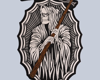 Death Grim Reaper Iron-On Patch – Skeleton with Scythe Gothic Embroidery for Motorcycle Vests, Back Patches, and Alternative Gear