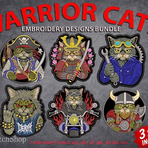 May include: A digital collection of six embroidered cat designs titled WARRIOR CATS EMBROIDERY DESIGNS BUNDLE. The cats are depicted as a pirate, a samurai, a mechanic with a wrench, a rocker with a death shirt, a biker, and a viking with an axe.