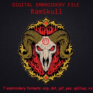 May include: Digital embroidery file with a RamSkull design. The image shows a skull with large horns, red eyes, and a pentagram, surrounded by flames and a decorative gold border. The text "DIGITAL EMBROIDERY FILE RamSkull" is at the top.