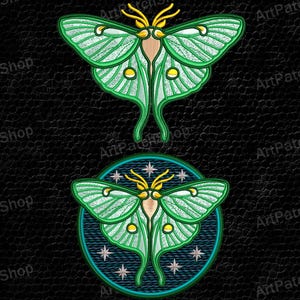 May include: Two embroidery designs of a Luna moth with green wings and yellow details. The top design is a standalone moth, the bottom is within a blue circle with stars. Text at the top reads "Lunamoth Embroidery Designs".