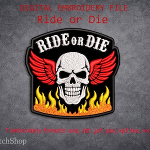 Toppa da motociclista "Ride or Die" con ricamo a macchina, teschio e ali, file digitale per ricamo a macchina, design per toppa da giacca da moto.