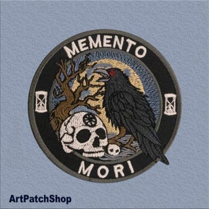 Memento Mori Gothic Patch – Raven with Skull and Tree Embroidered Iron-On Emblem. Size 3,9x3,9inches.
