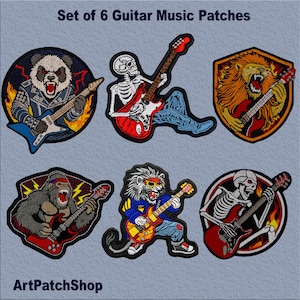 May include: Set of six embroidered iron-on patches featuring a variety of musical animals playing electric guitars. The patches include a panda, a skeleton, a lion, a gorilla, and two more lions. The patches are all in a cartoon style and have a colorful design.