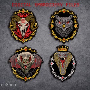 Puede incluir: Cuatro archivos de bordado digital con diseños góticos. Los diseños incluyen una calavera de carnero, un búho, un murciélago y una cobra con corona. Cada diseño está enmarcado con un borde decorativo e incluye el texto "DIGITAL EMBROIDERY FILES" y "ArtPatchShop".