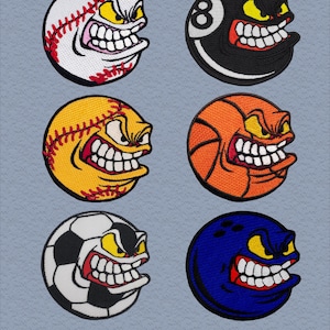 Può includere: Toppe ricamate raffiguranti palloni sportivi in stile cartone animato con facce arrabbiate. Include una palla da baseball, una palla otto, una palla da softball, un pallone da basket, un pallone da calcio e una palla da bowling. Il testo "ArtPatchShop" è in basso.
