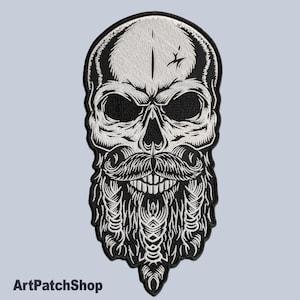 Biker Skull with Beard and Mustache – Large Embroidered Iron-On Patch for Gothic Style