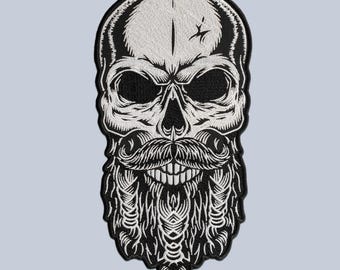 Biker Skull mit Bart und Schnurrbart - großes Bügelbild für den Gothic Style
