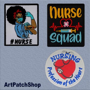 Nursing Patch Bundle – 3 Iron-On Embroidered Patches for Scrubs, Bags, Jackets – Nurse Squad, Strong Nurse, Heart Design