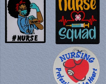 Paquete de parches de enfermería: 3 parches bordados termoadhesivos para uniformes médicos, bolsos y chaquetas: Nurse Squad, Strong Nurse, Heart Design