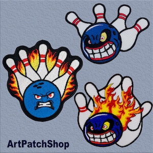 Puede incluir: Parches bordados con diseños de bolas y bolos de bolos con expresiones de dibujos animados enfadados. Los diseños incluyen llamas y colores llamativos, con el texto "ArtPatchShop" en la parte inferior.