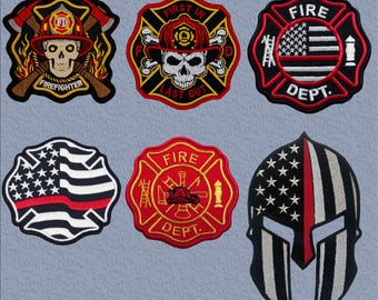 Collection d'écussons thermocollants pompier – Lot de 6 écussons brodés audacieux – Symboles des services d'incendie, drapeaux et casque de guerrier