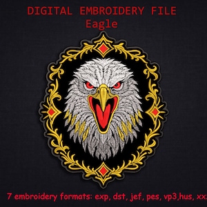 Puede incluir: Archivo de bordado digital con un diseño de águila. El águila tiene plumas blancas y grises, ojos rojos y un pico amarillo. El diseño está enmarcado por un borde negro con detalles dorados y rojos. El texto "DIGITAL EMBROIDERY FILE Eagle" está en la parte superior.