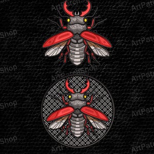 May include: Two stag beetle embroidery designs on a textured black background. The top design is a detailed illustration of a red and gray beetle. The bottom design is the same beetle inside a circular frame. Text at the top reads "Stag Beetle Embroidery Designs".