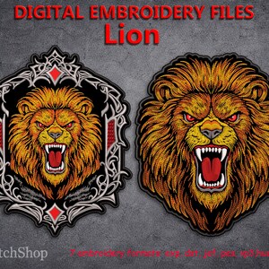 May include: Two digital embroidery files featuring a roaring lion. One lion is framed in a decorative border with red accents. The other lion is a close-up of the lion's face. The text "DIGITAL EMBROIDERY FILES Lion" is at the top.