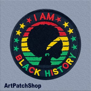 I Am Black History Patch – Embroidered Iron-On Badge – Afro Silhouette with Rasta Colors - 3.7x3.7 inches.