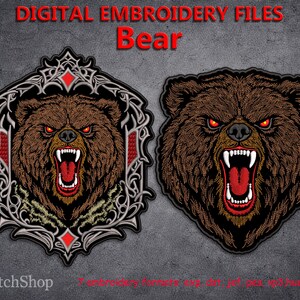 Puede incluir: Dos archivos de bordado digital con un oso pardo con la boca abierta y dientes afilados. Un diseño está enmarcado con un borde decorativo y detalles en rojo. El texto "DIGITAL EMBROIDERY FILES Bear" está en la parte superior.