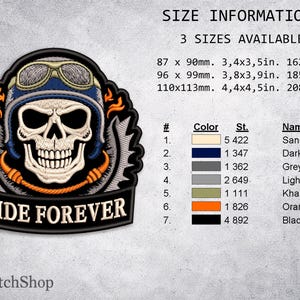 May include: Embroidered patch featuring a skull wearing a motorcycle helmet and goggles, with the text "RIDE FOREVER." The patch has a black border and is available in three sizes: 3.4x3.5 inches, 3.8x3.9 inches, and 4.4x4.5 inches.