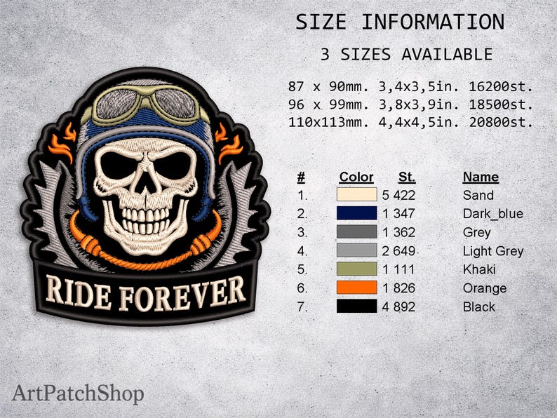 May include: Embroidered patch featuring a skull wearing a motorcycle helmet and goggles, with the text "RIDE FOREVER." The patch has a black border and is available in three sizes: 3.4x3.5 inches, 3.8x3.9 inches, and 4.4x4.5 inches.
