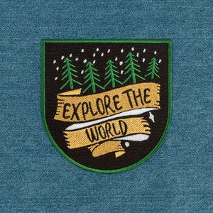 Explore The World Travel Patch - Embroidered Applique for Camping & Hiking Enthusiasts - Iron-On Adventure Badge, 3.9 x 4 inches