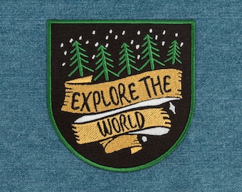 Explore The World Travel Patch - Embroidered Applique for Camping & Hiking Enthusiasts - Iron-On Adventure Badge, 3.9 x 4 inches