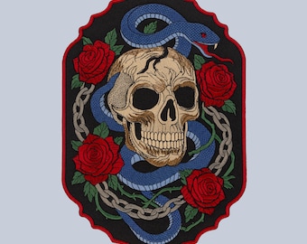 Skull with Snake and Roses Embroidered Patch – Gothic Biker Back Patch for  Jackets. Backing Iron On. Several Sizes available.