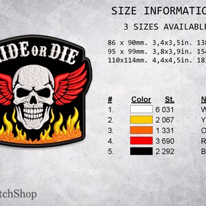 May include: Embroidered patch with a skull wearing red wings, surrounded by yellow flames. The patch reads "RIDE OR DIE" in white lettering. Available in three sizes: 3.4x3.5in, 3.8x3.9in, and 4.4x4.5in.