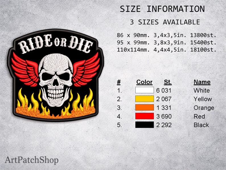 May include: Embroidered patch with a skull wearing red wings, surrounded by yellow flames. The patch reads "RIDE OR DIE" in white lettering. Available in three sizes: 3.4x3.5in, 3.8x3.9in, and 4.4x4.5in.