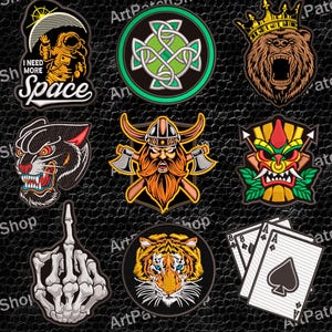 May include: A collection of embroidered patches with various designs, including an astronaut with the text "I NEED MORE SPACE", a Viking, a tiger, a bear with a crown, and playing cards. The text "Set of the designs for embroidery machines" is also present.