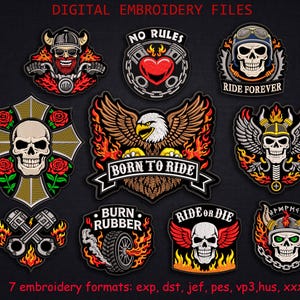 Biker Broderi Bundle Dödskalle Designs, Motorcykel Patch Pack, Ride or Die, Born to Ride, Gotiska Broderifiler, Digital Nedladdning