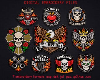 Biker Embroidery Bundle Skull Designs, Motorcycle Patch Pack, Ride or Die, Born to Ride, Gothic Embroidery Files, Digital Download