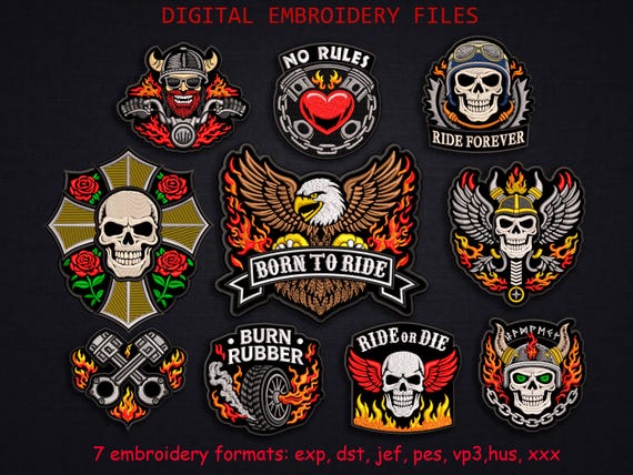 Biker Embroidery Bundle Skull Designs, Motorcycle Patch Pack, Ride or Die, Born to Ride, Gothic Embroidery Files, Digital Download