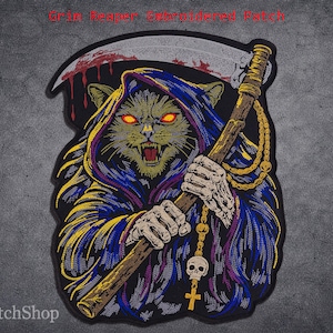 May include: Embroidered patch featuring a cat Grim Reaper with glowing orange eyes, holding a scythe with blood splatter. The cat wears a blue and purple hooded robe. The patch has the text "Grim Reaper Embroidered Patch" and "ArtPatchShop".