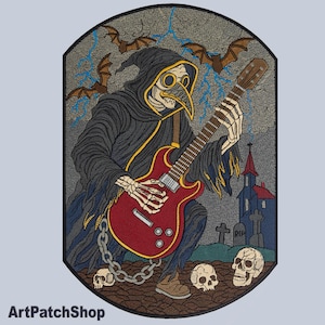 May include: Embroidered patch featuring a skeletal figure in a plague doctor mask playing a red electric guitar. The design includes bats, lightning, skulls, a church, and the text "ArtPatchShop".