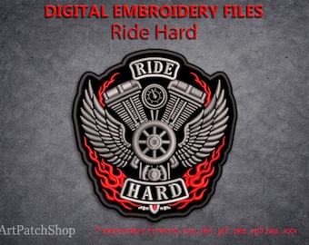 Ride Hard Embroidery Design, Biker Engine Patch, Motorcycle Embroidery File, Winged Engine Biker Patch, Machine Embroidery Design