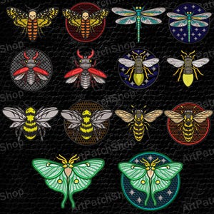 May include: A collection of colorful insect embroidery designs, including beetles, bees, dragonflies, and moths. The designs feature detailed stitching and are set against a dark background. Text at the top reads "Beetles and insects Embroidery Designs".