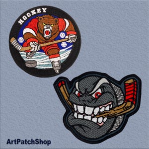 Hockey Beast Patch Set – Embroidered Angry Bear and Puck – Iron-On Badges for Hockey Lovers, Bags, and Jackets