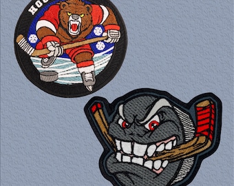 May include: Two embroidered iron-on patches featuring hockey themes. The first patch is round and features a cartoon bear wearing a hockey uniform and holding a hockey stick. The text "HOCKEY" is above the bear. The second patch is a black puck with a face and a hockey stick in its mouth.