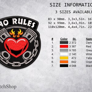 May include: Embroidered patch with a black background, featuring a red heart with flames and the text "NO RULES". The design includes engine pistons and a chain border. Available in three sizes: 3.3x3.5in, 3.6x3.9in, and 4.4x4.7in.