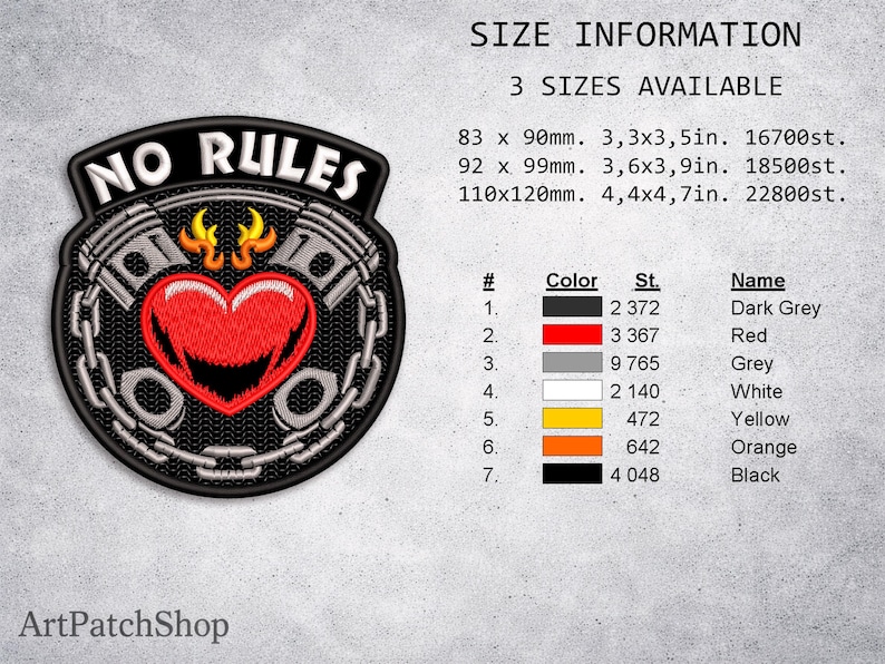 May include: Embroidered patch with a black background, featuring a red heart with flames and the text "NO RULES". The design includes engine pistons and a chain border. Available in three sizes: 3.3x3.5in, 3.6x3.9in, and 4.4x4.7in.