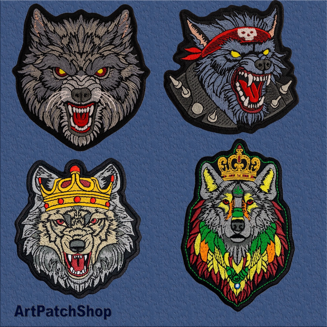 Wolf Embroidered Patch Set – Biker Wolf, Rasta Wolf, Angry Wolf, Gold ...